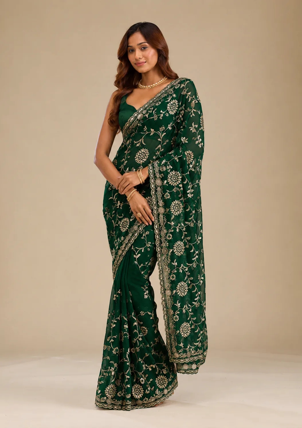 Emerald Green Fendi Chiffon Saree view 3