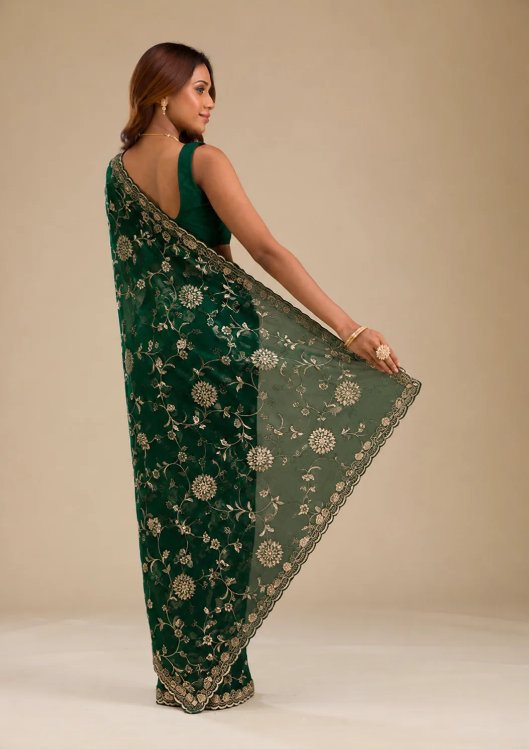 Emerald Green Fendi Chiffon Saree view 4