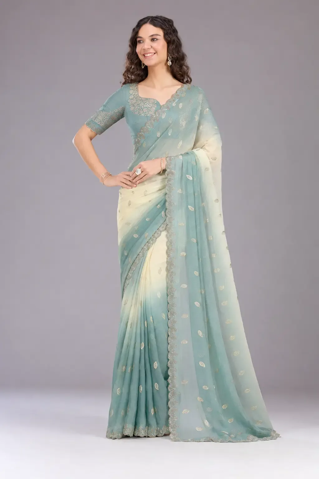 Pastel Mint & Ivory Ombre Organza Saree