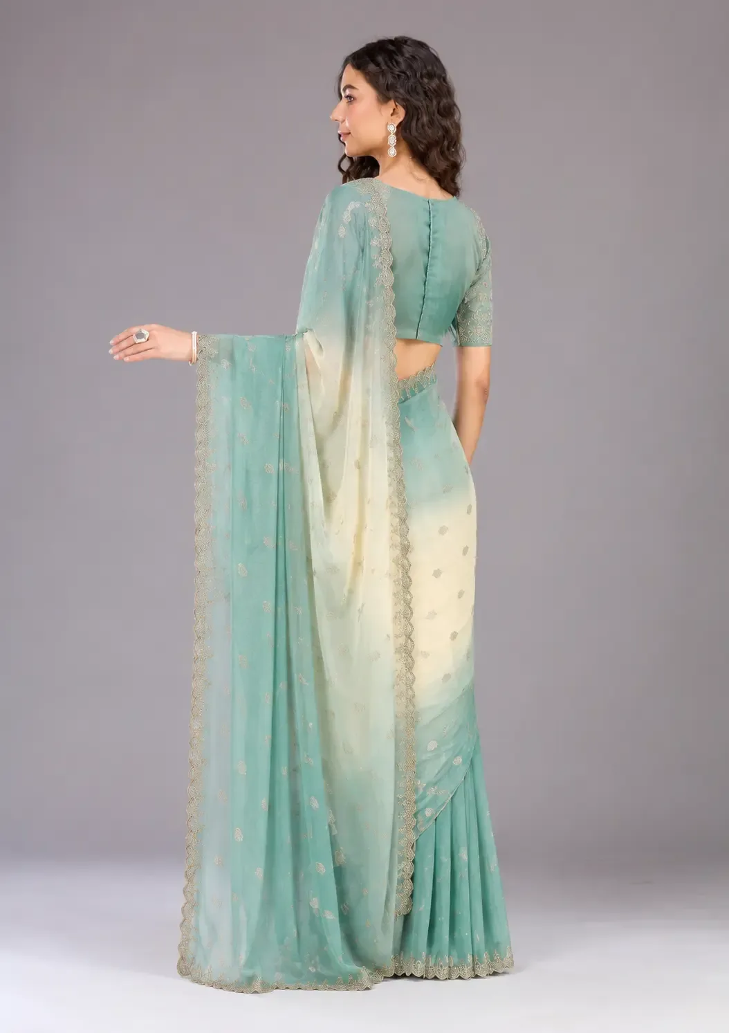 Pastel Mint & Ivory Ombre Organza Saree view 2