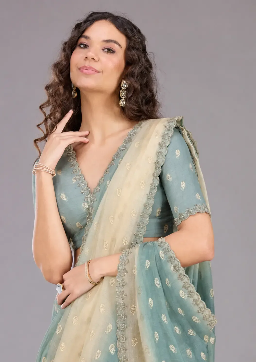 Pastel Mint & Ivory Ombre Organza Saree view 3