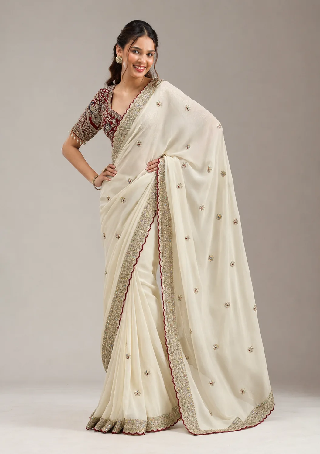Off-White Embroidered Saree With Readymade Blouse