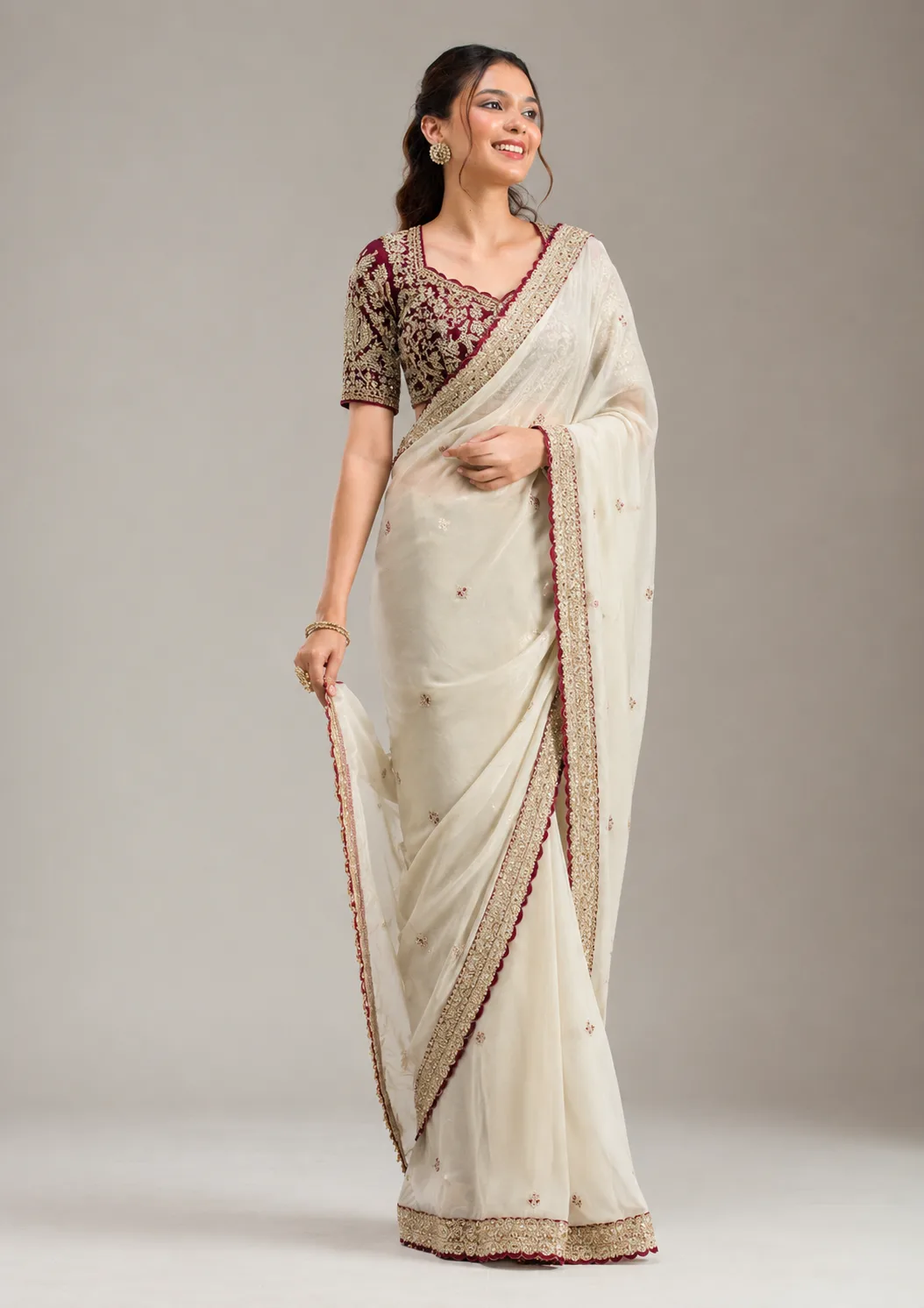 Off-White Embroidered Saree With Readymade Blouse view 3