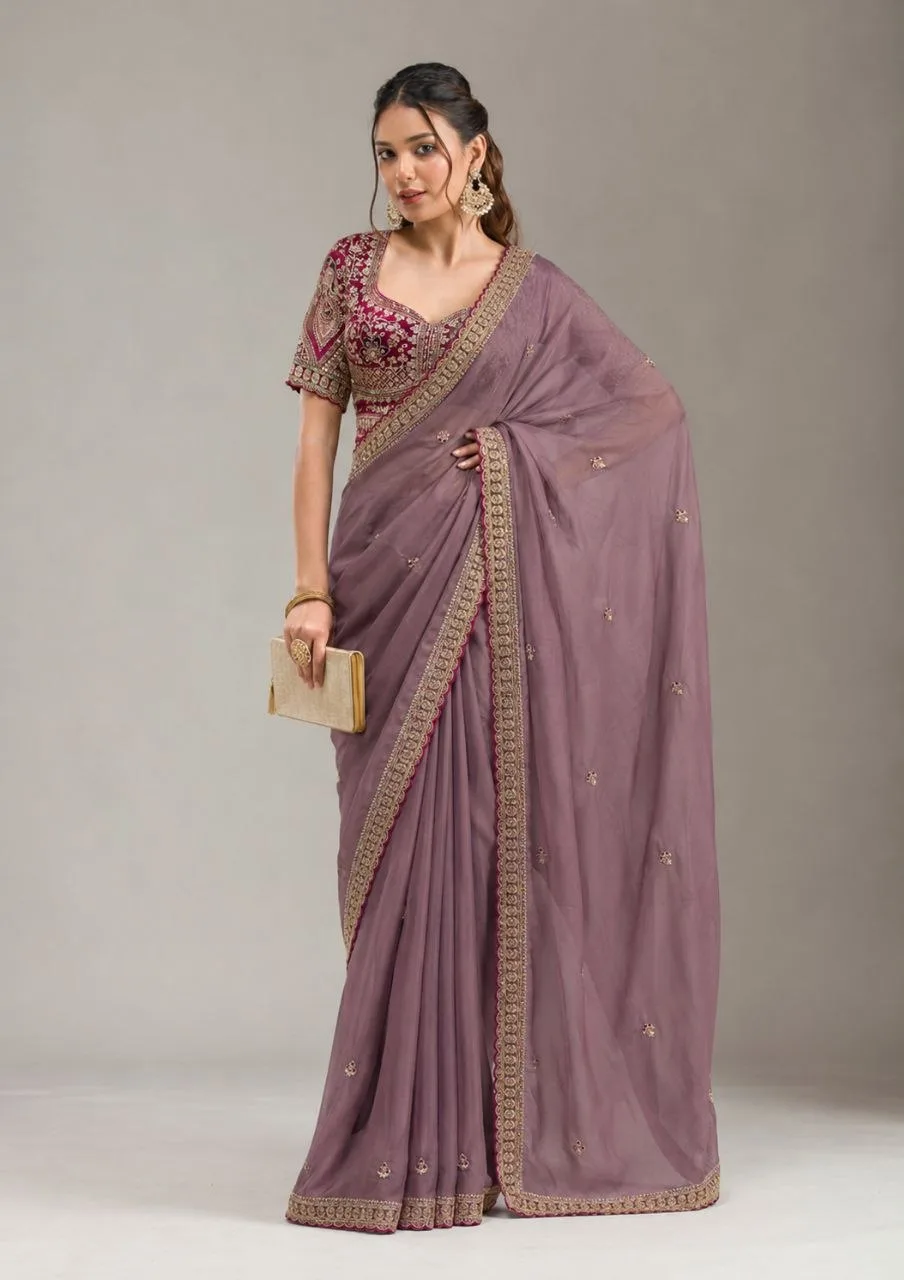 Mauve Embroidered Saree With Readymade Blouse