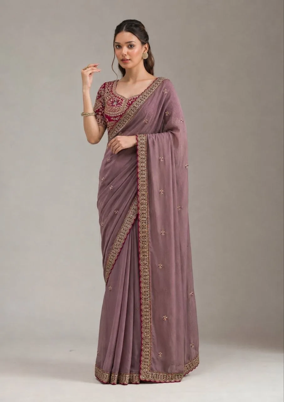 Mauve Embroidered Saree With Readymade Blouse view 3