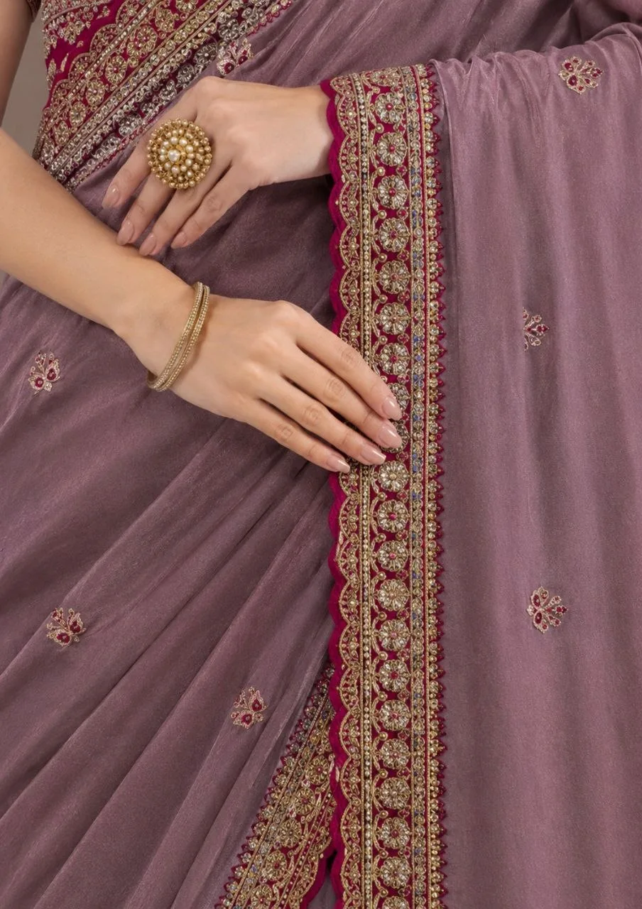 Mauve Embroidered Saree With Readymade Blouse view 4