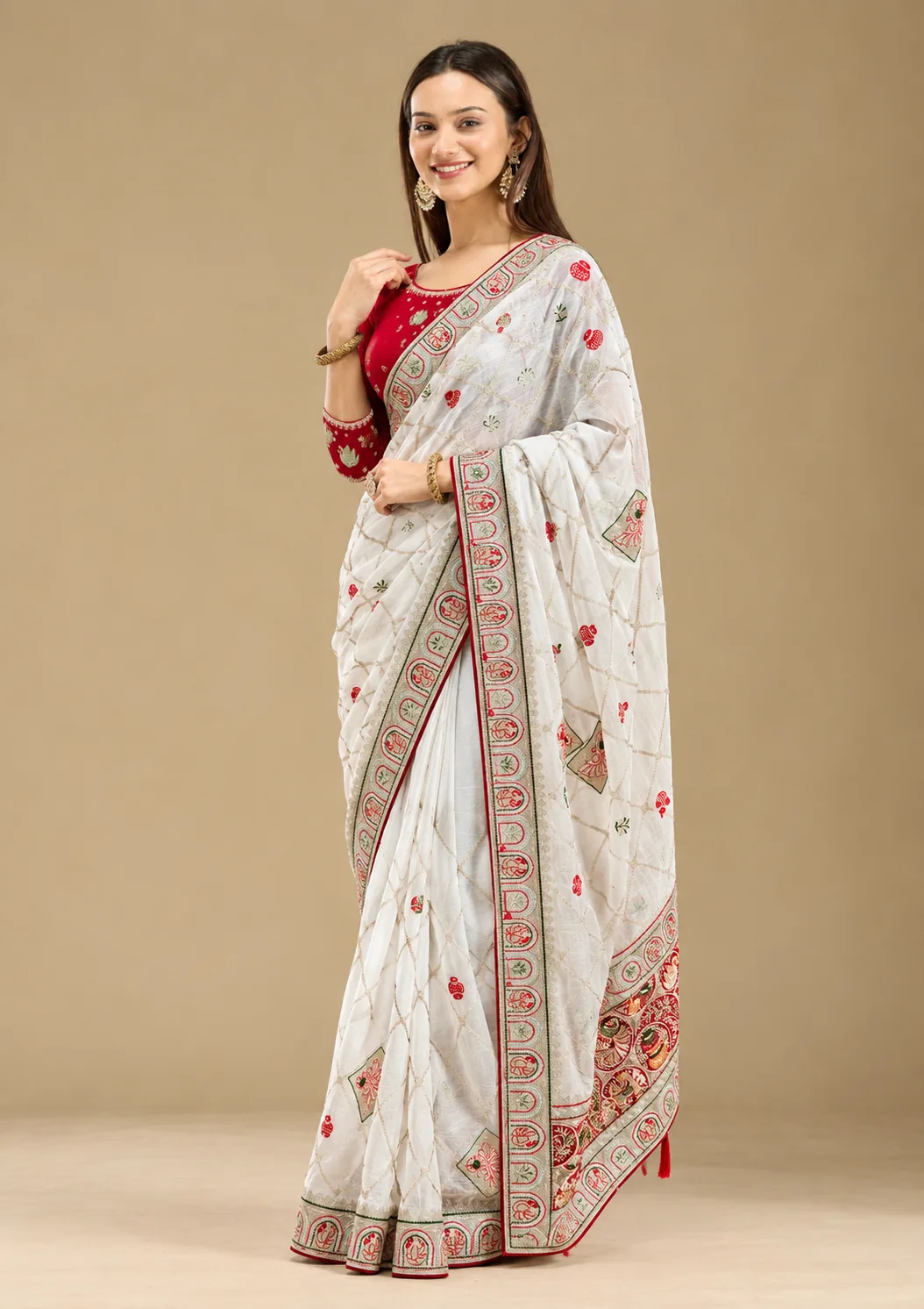Elegant White Georgette saree With Contrast Red Blouse view 3