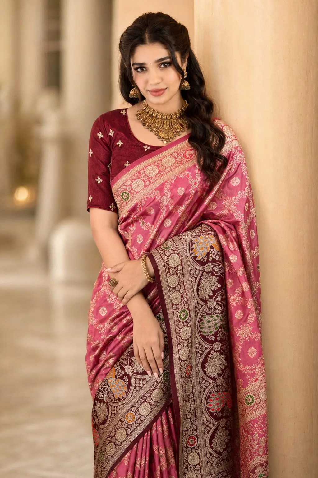 Desert Rose Embroidered Heritage Saree- Blue view 3