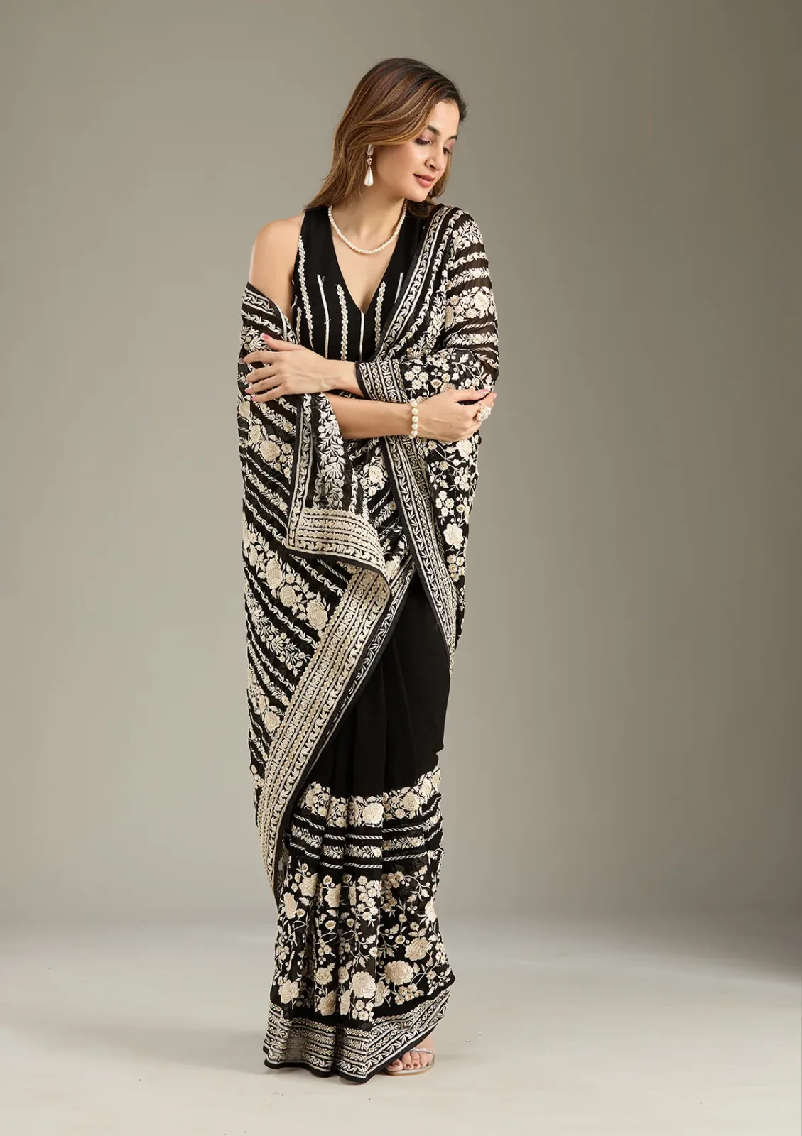 Black Threadwork Georgette Saree view 2